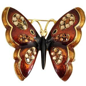 Don-Lin Gold Tone Enamel Rhinestone Butterfly Brooch, Signed M436